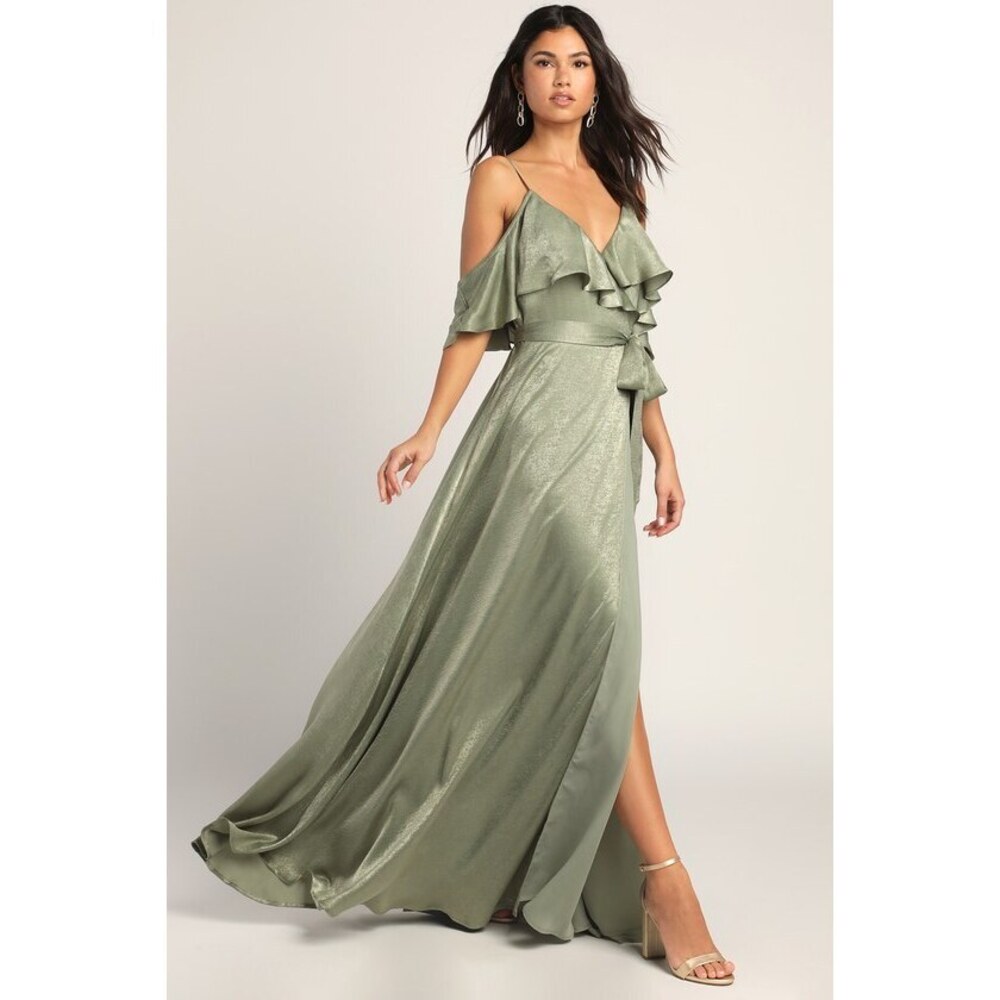 Lulus New Moriah Sage Green Satin Wrap Maxi Dress - Size S